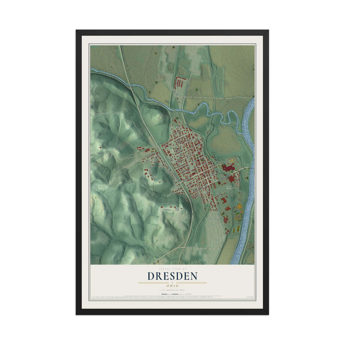 Map of Dresden, Ohio, 12 x 18 inch print in a black wood frame