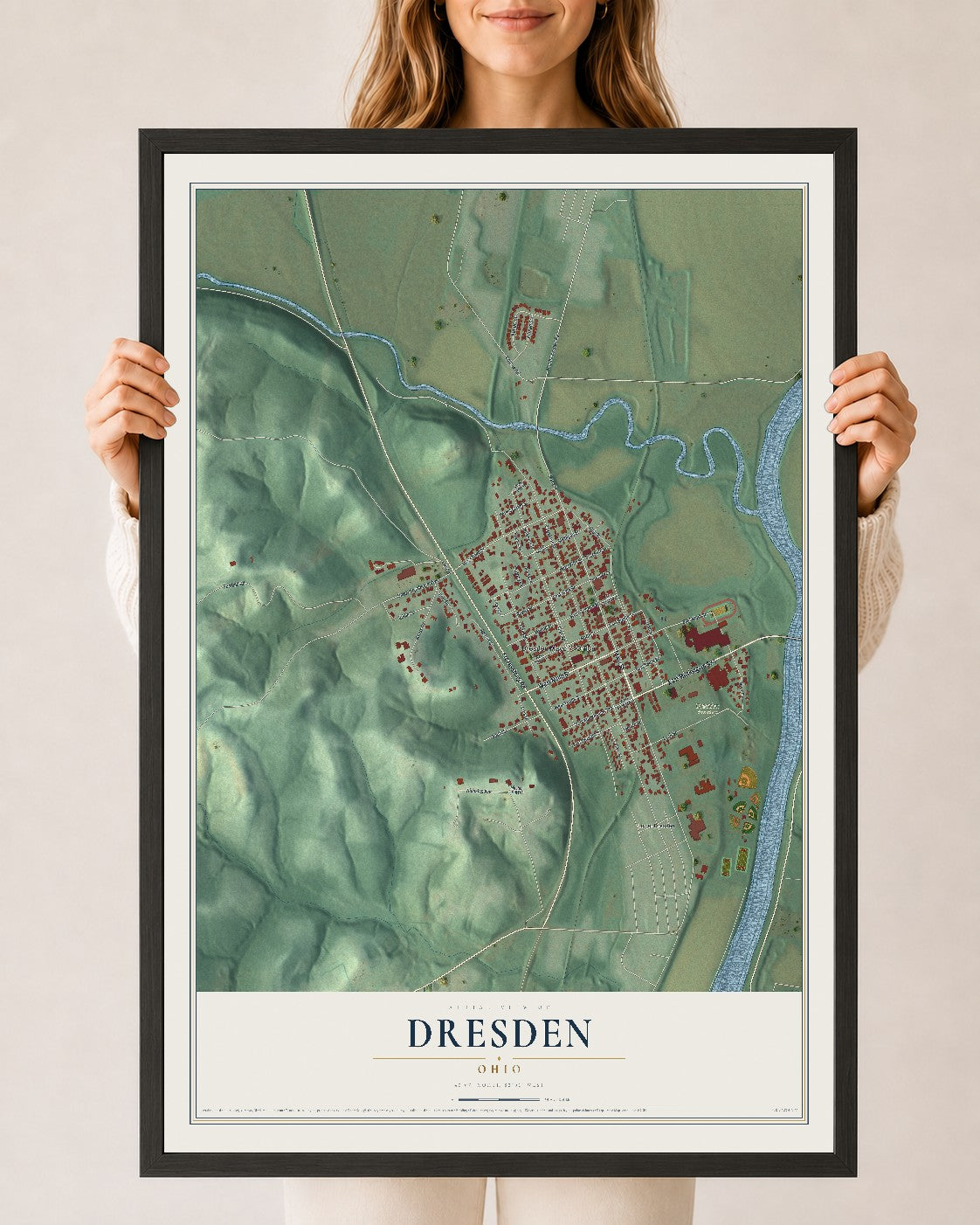 Map of Dresden, Ohio, 24 x 36 inch print in a black wood frame