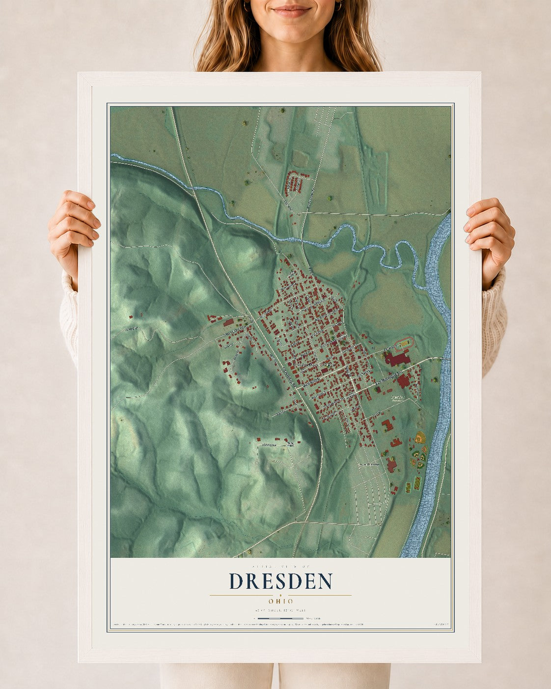 Map of Dresden, Ohio, 24 x 36 inch print in a white wood frame