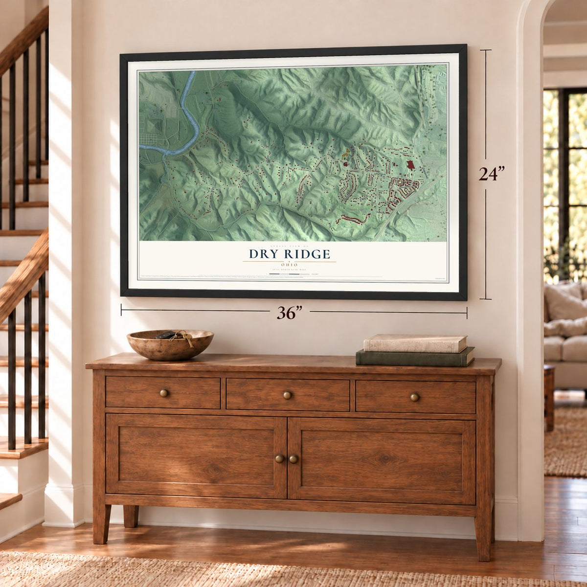 Dry Ridge, Ohio map, 24 x 36 inch print in a black frame above a dresser by a staircase