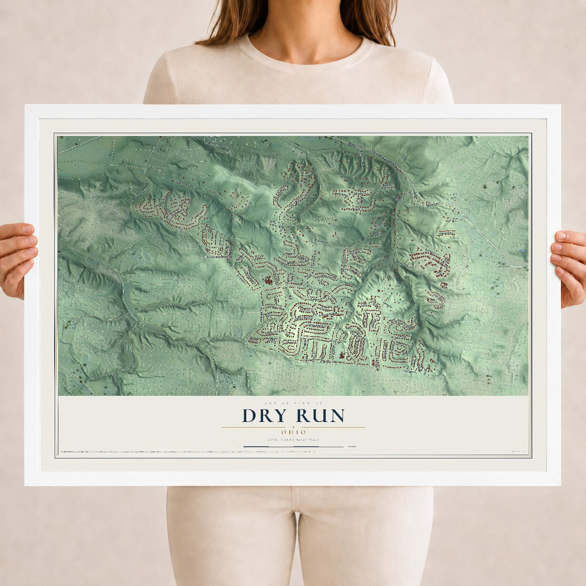 Map of Dry Run, Ohio, 18 x 24 inch print in a white wood frame