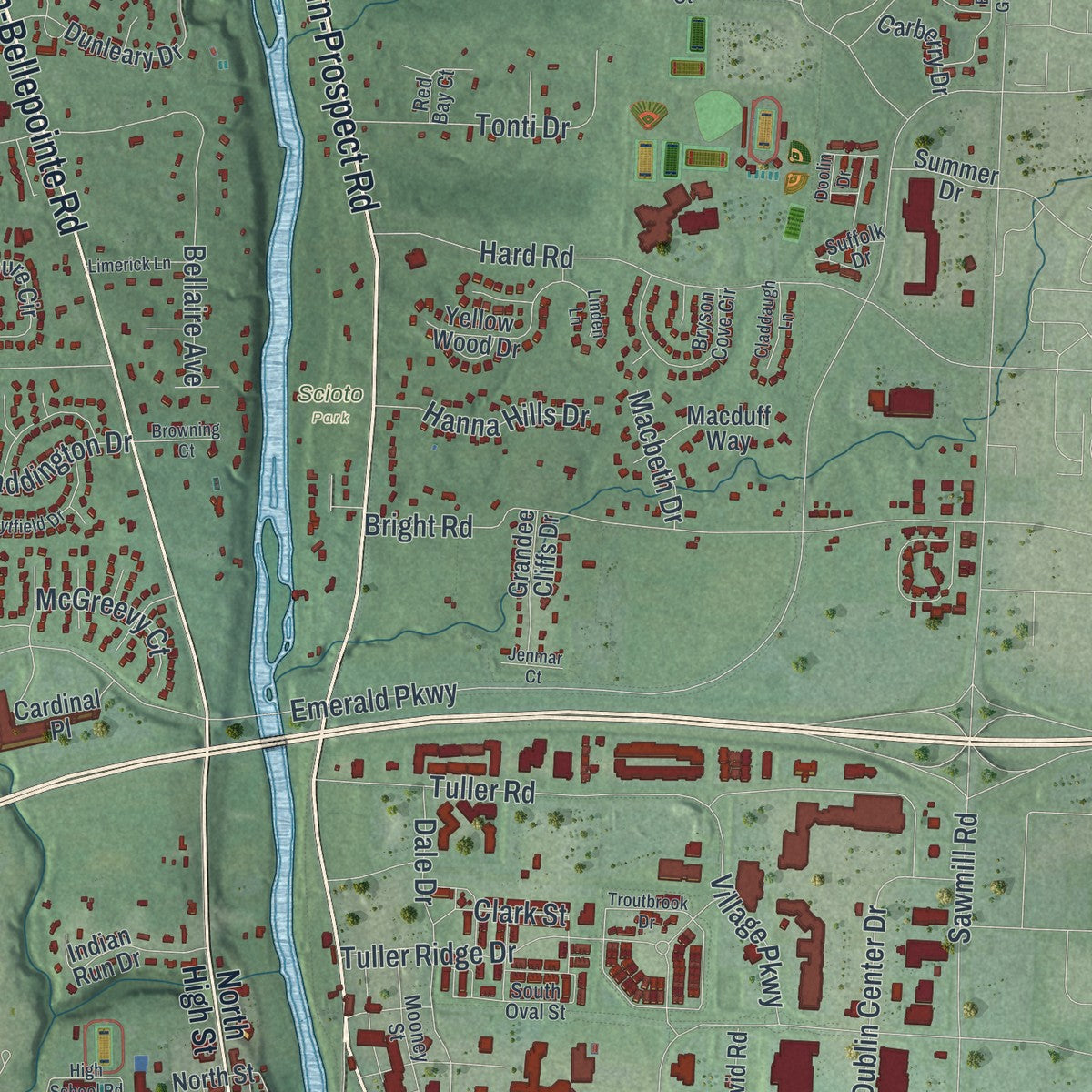 Second close-up of the map of Dublin, Ohio print showing more streets and buildings