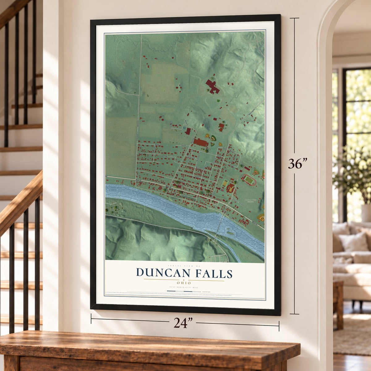 Duncan Falls, Ohio map, 24 x 36 inch print in a black frame by a staircase