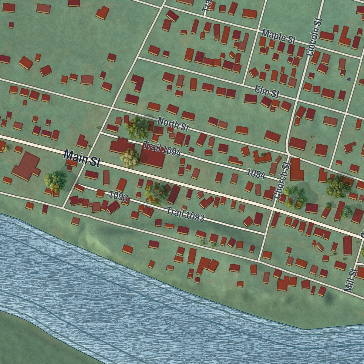 Close-up of the map of Duncan Falls, Ohio print showing street and building detail