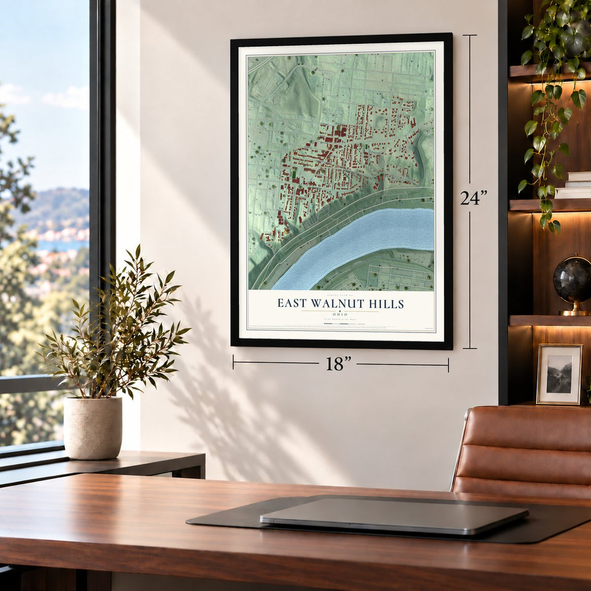 East Walnut Hills, Ohio map, 18 x 24 inch print in a black frame in a home office