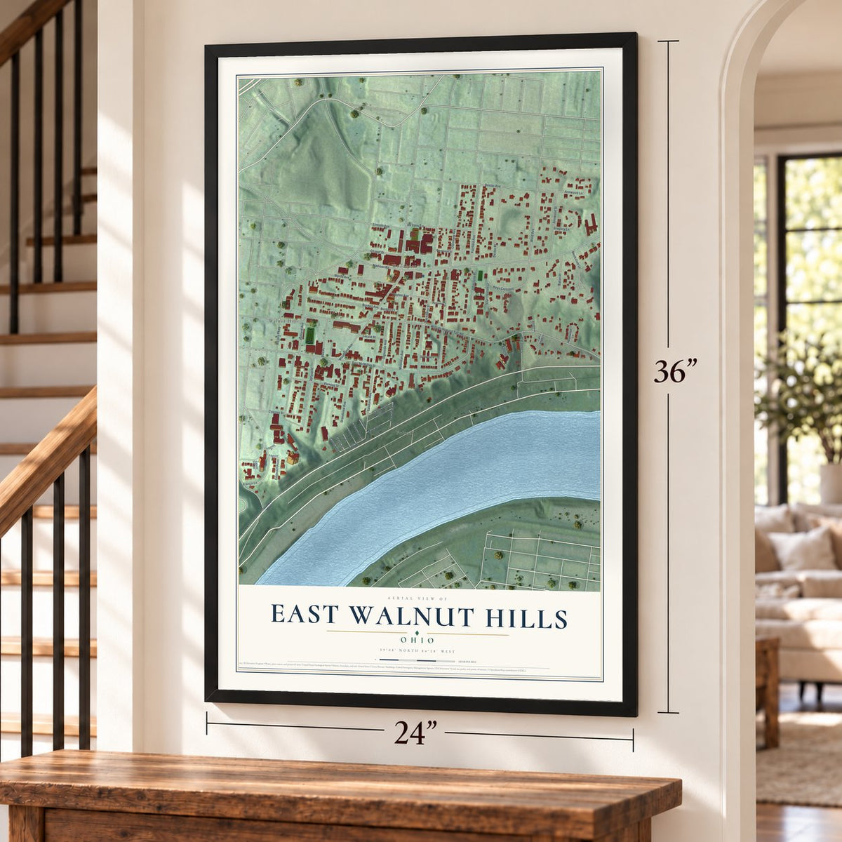 East Walnut Hills, Ohio map, 24 x 36 inch print in a black frame by a staircase
