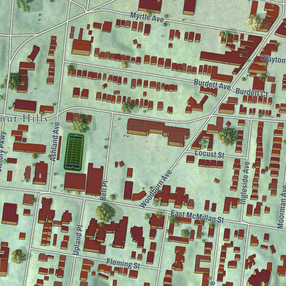 Close-up of the map of East Walnut Hills, Ohio print showing street and building detail