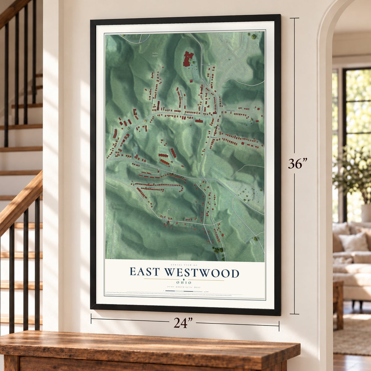 East Westwood, Ohio map, 24 x 36 inch print in a black frame by a staircase