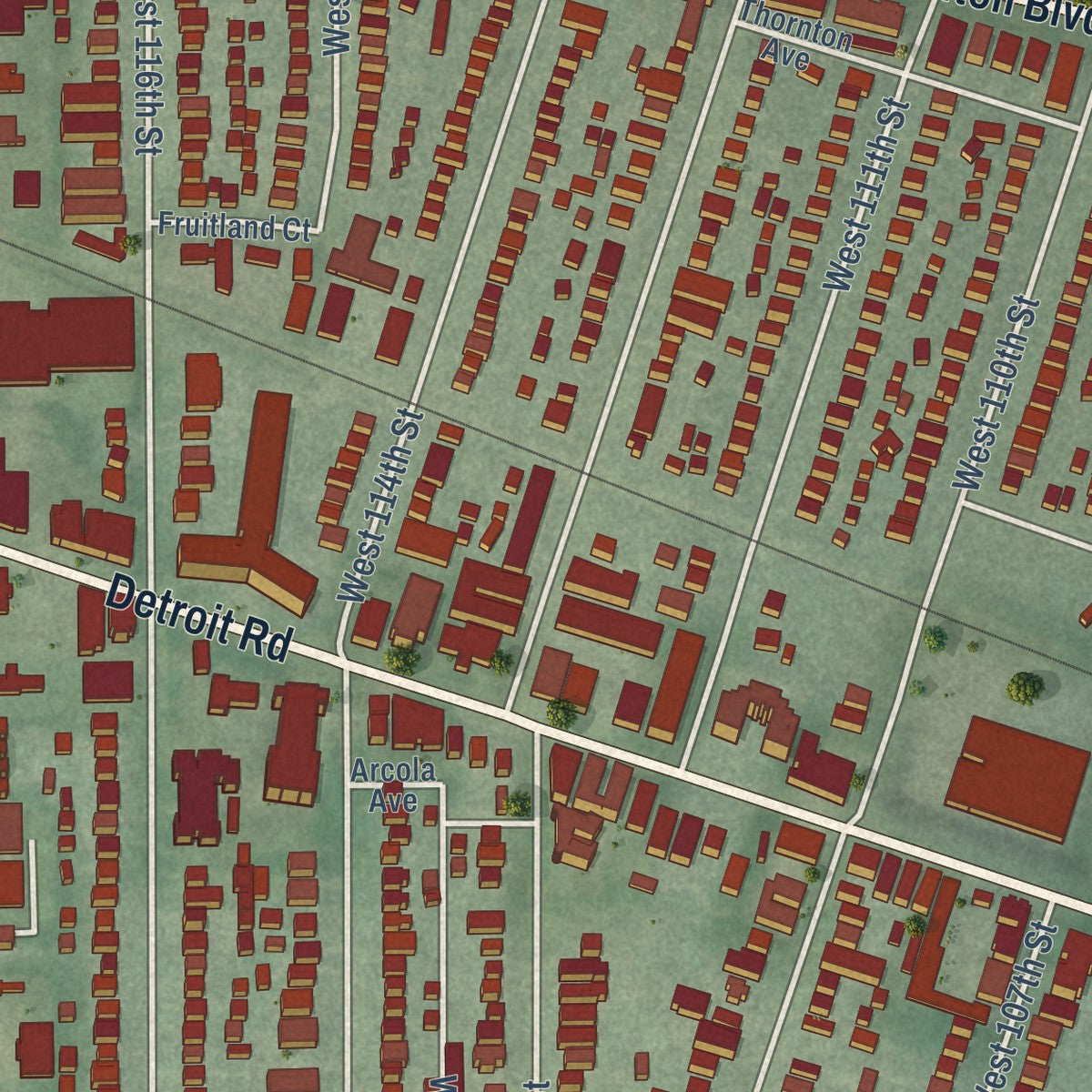 Close-up of the map of Edgewater, Ohio print showing street and building detail