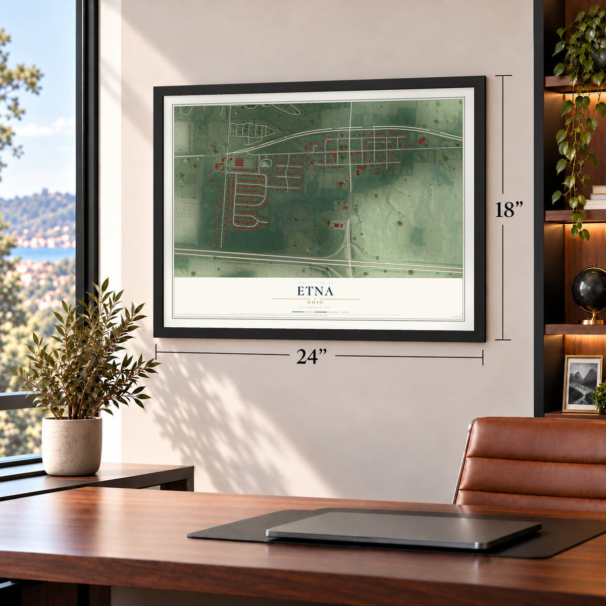 Etna, Ohio map, 18 x 24 inch print in a black frame in a home office