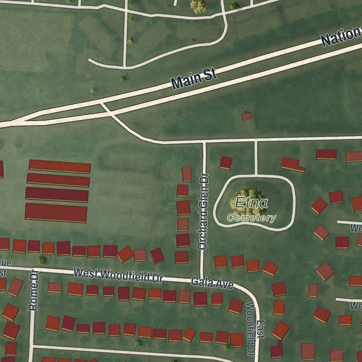 Close-up of the map of Etna, Ohio print showing street and building detail