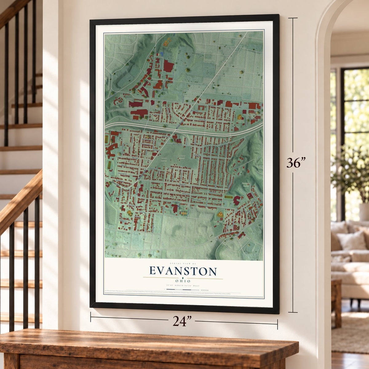 Evanston, Ohio map, 24 x 36 inch print in a black frame by a staircase