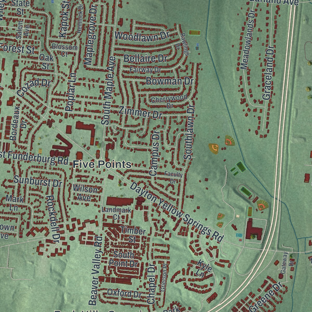 Close-up of the map of Fairborn, Ohio print showing street and building detail