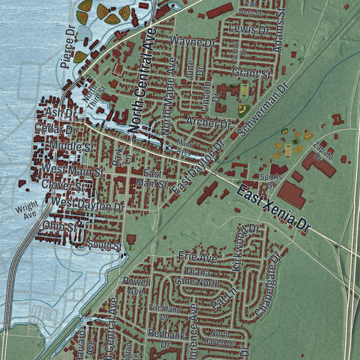 Second close-up of the map of Fairborn, Ohio print showing more streets and buildings