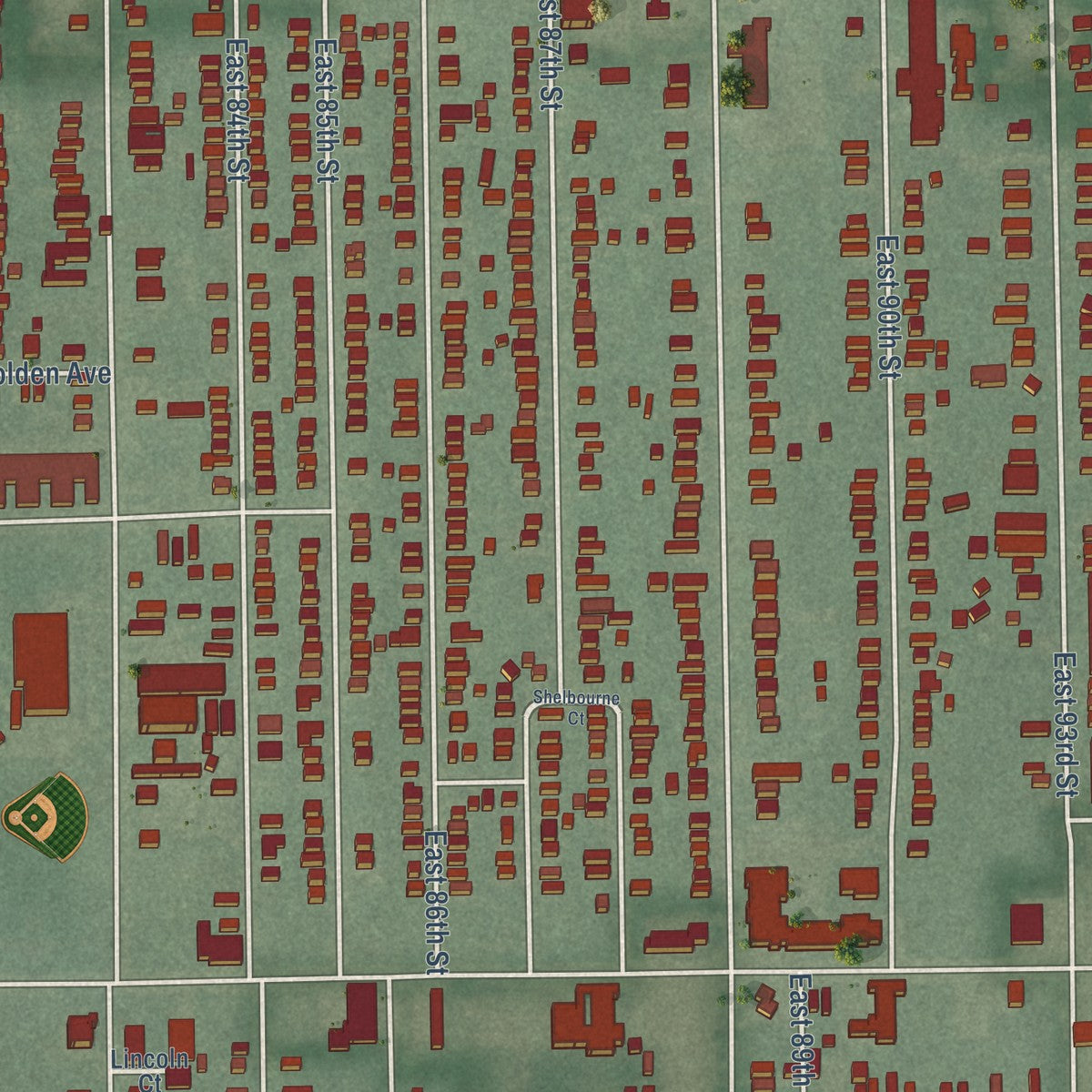 Close-up of the map of Fairfax, Cleveland, Ohio print showing street and building detail