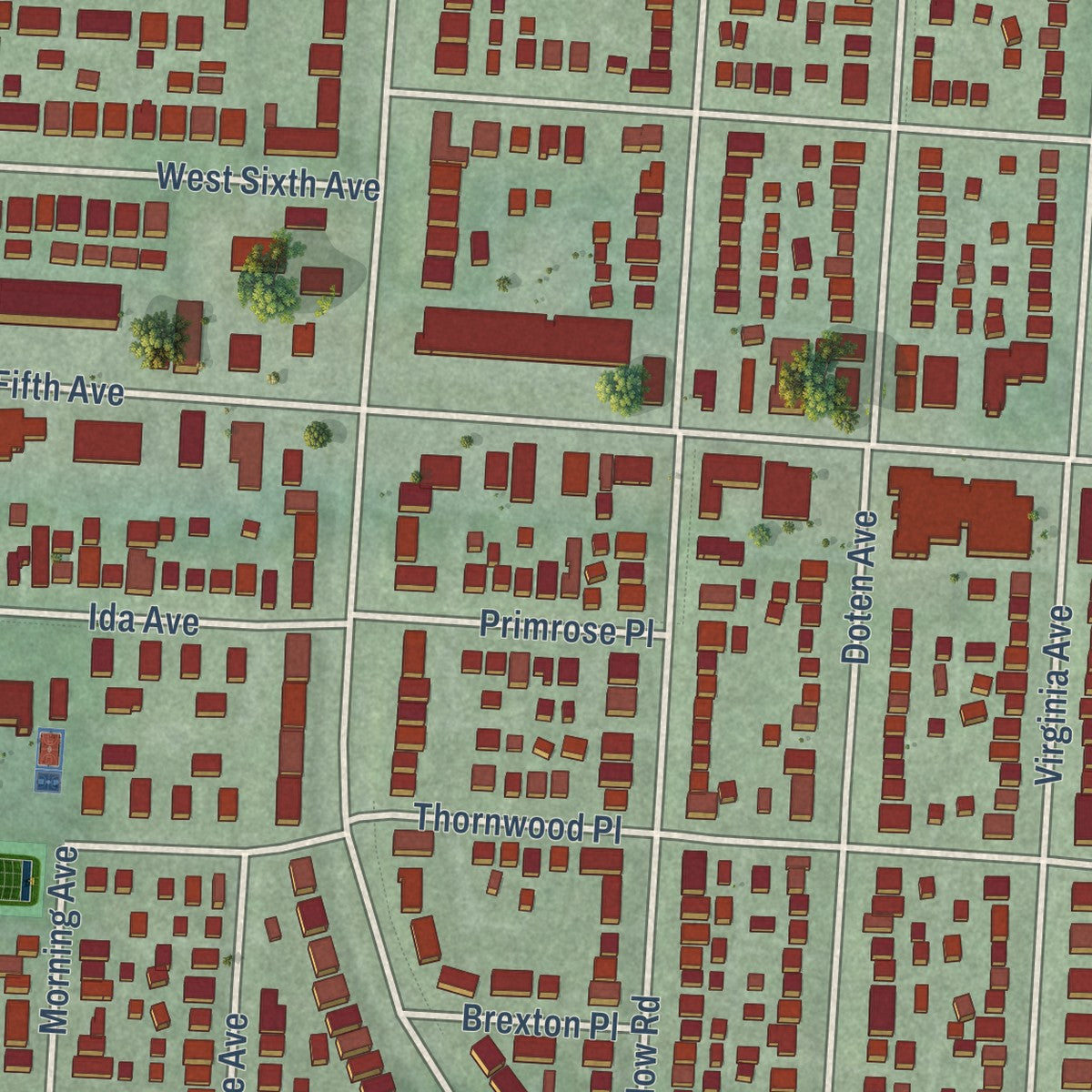 Close-up of the map of Fifth by Northwest, Ohio print showing street and building detail