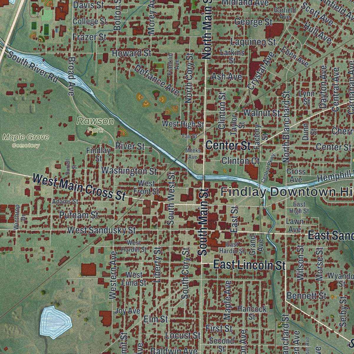 Close-up of the map of Findlay, Ohio print showing street and building detail