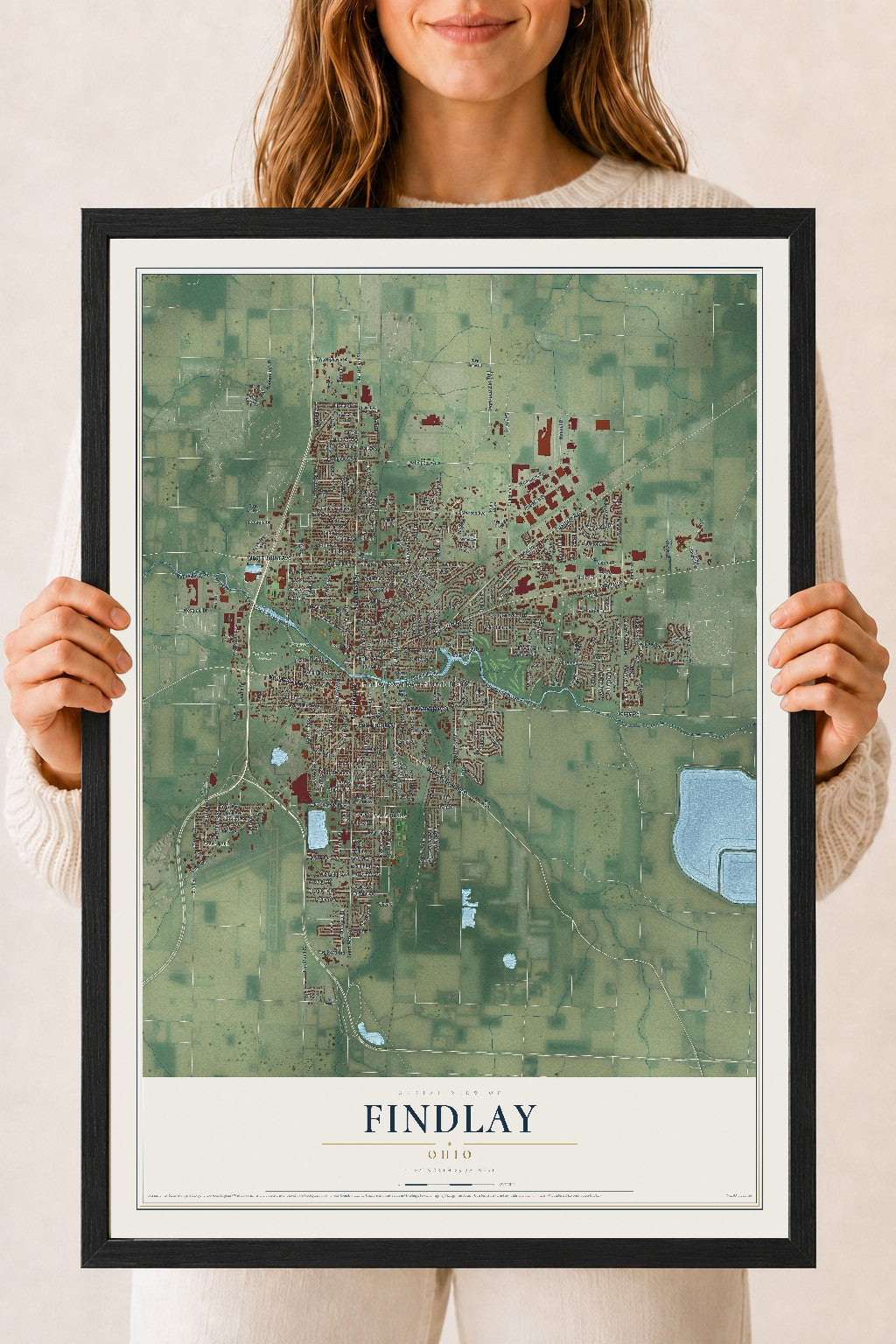 Map of Findlay, Ohio, 18 x 24 inch print in a black wood frame
