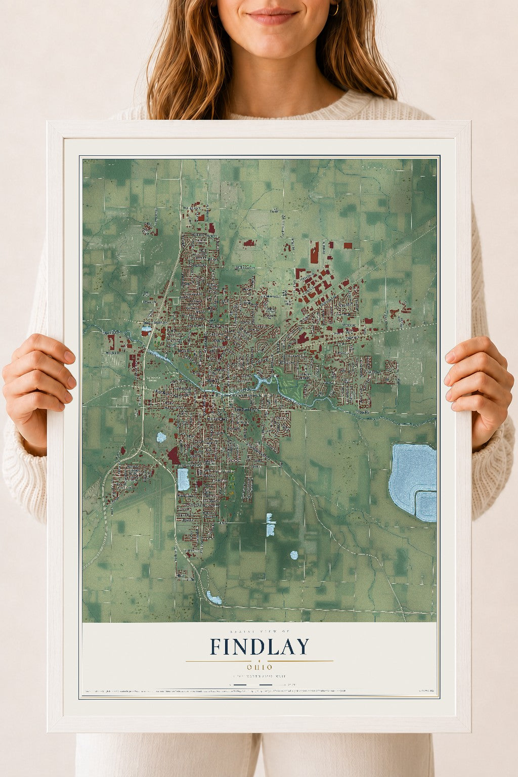 Map of Findlay, Ohio, 18 x 24 inch print in a white wood frame