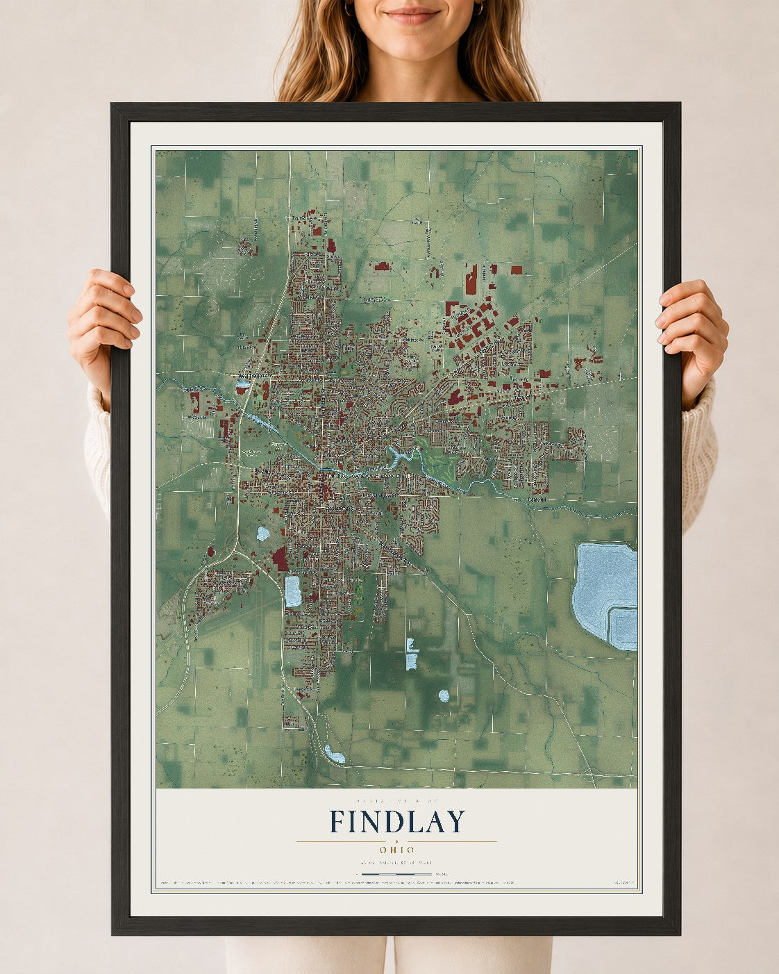 Map of Findlay, Ohio, 24 x 36 inch print in a black wood frame