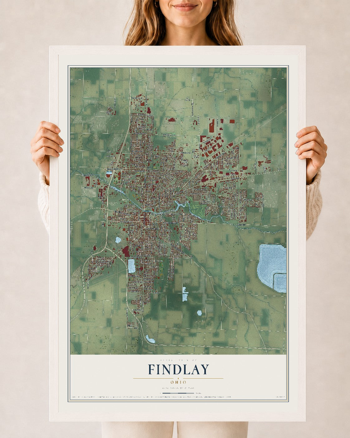 Map of Findlay, Ohio, 24 x 36 inch print in a white wood frame