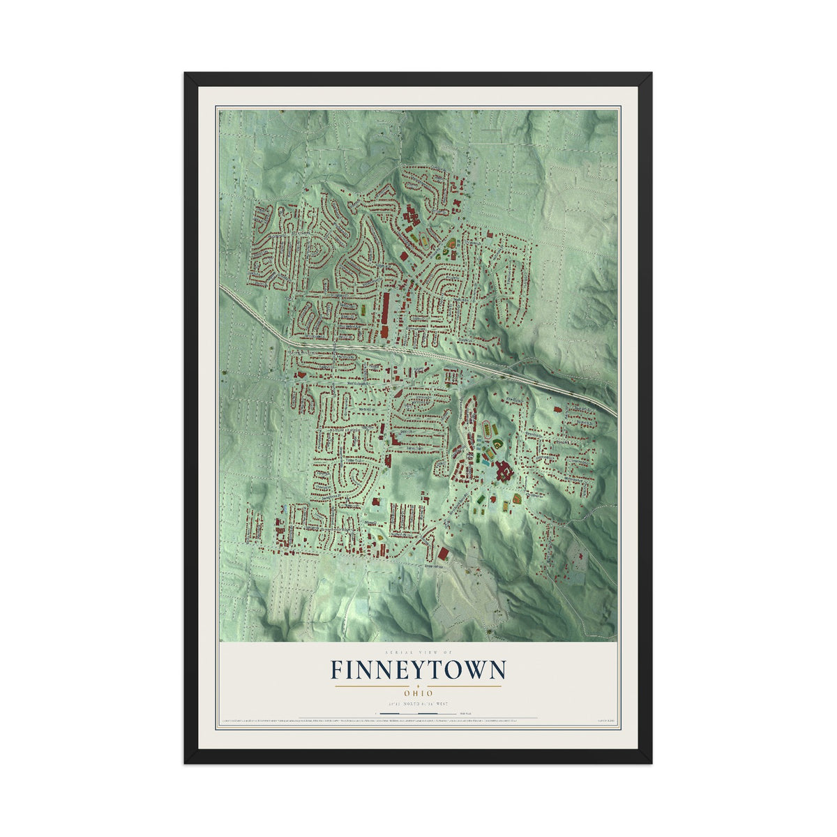 Map of Finneytown, Ohio, 12 x 18 inch print in a black wood frame