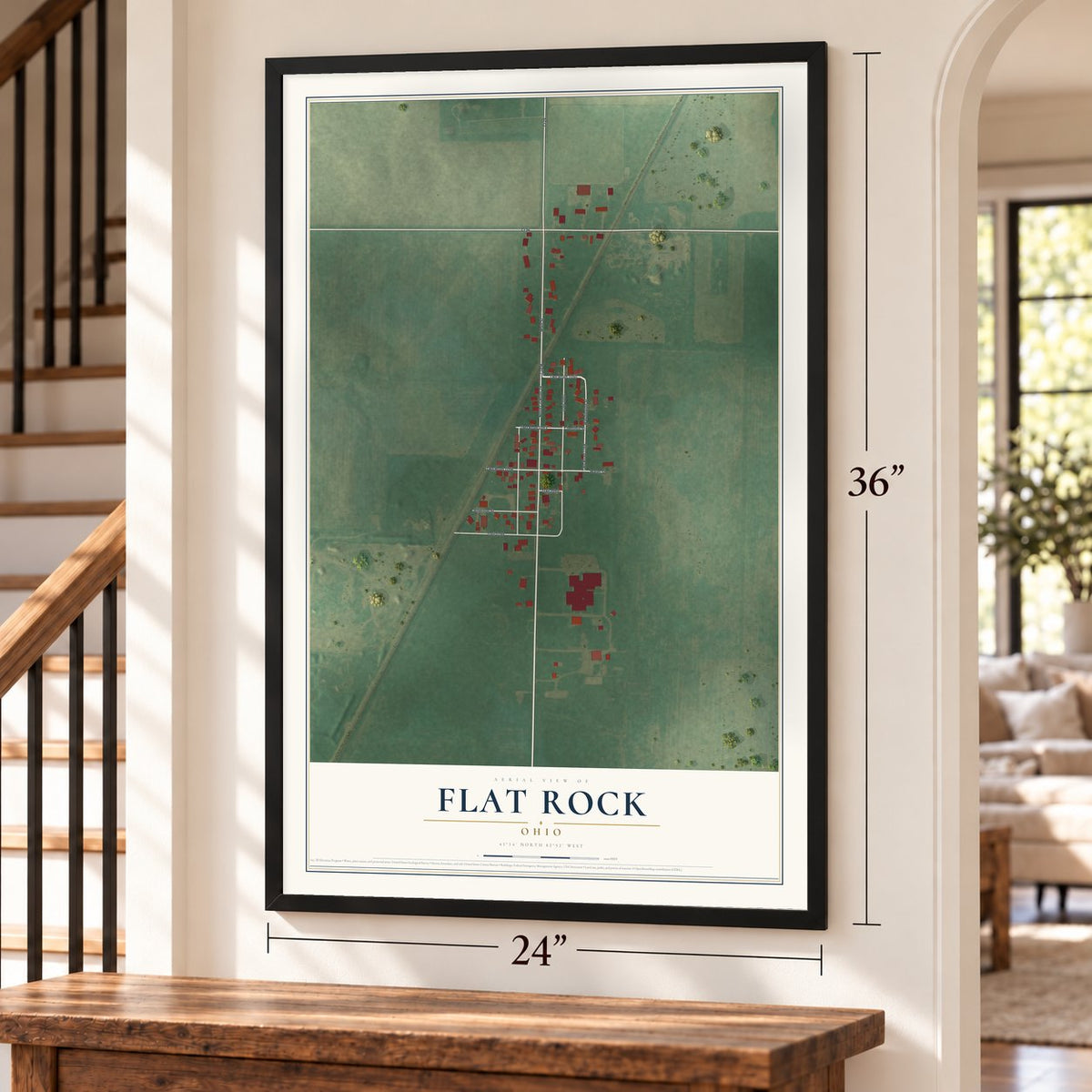 Flat Rock, Ohio map, 24 x 36 inch print in a black frame by a staircase