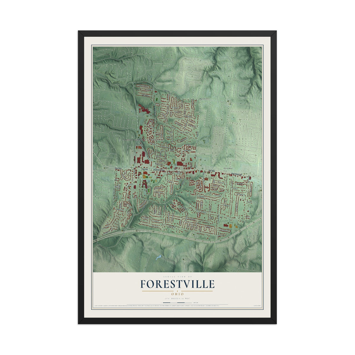 Map of Forestville, Ohio, 12 x 18 inch print in a black wood frame
