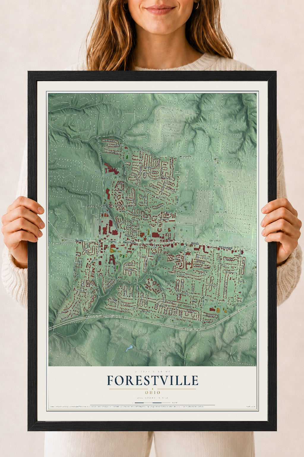Map of Forestville, Ohio, 18 x 24 inch print in a black wood frame