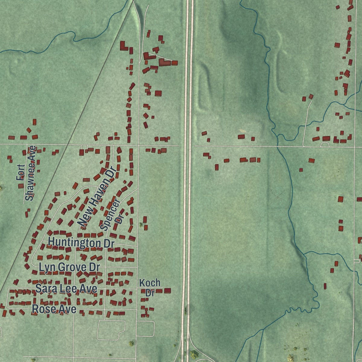 Second close-up of the map of Fort Shawnee, Ohio print showing more streets and buildings