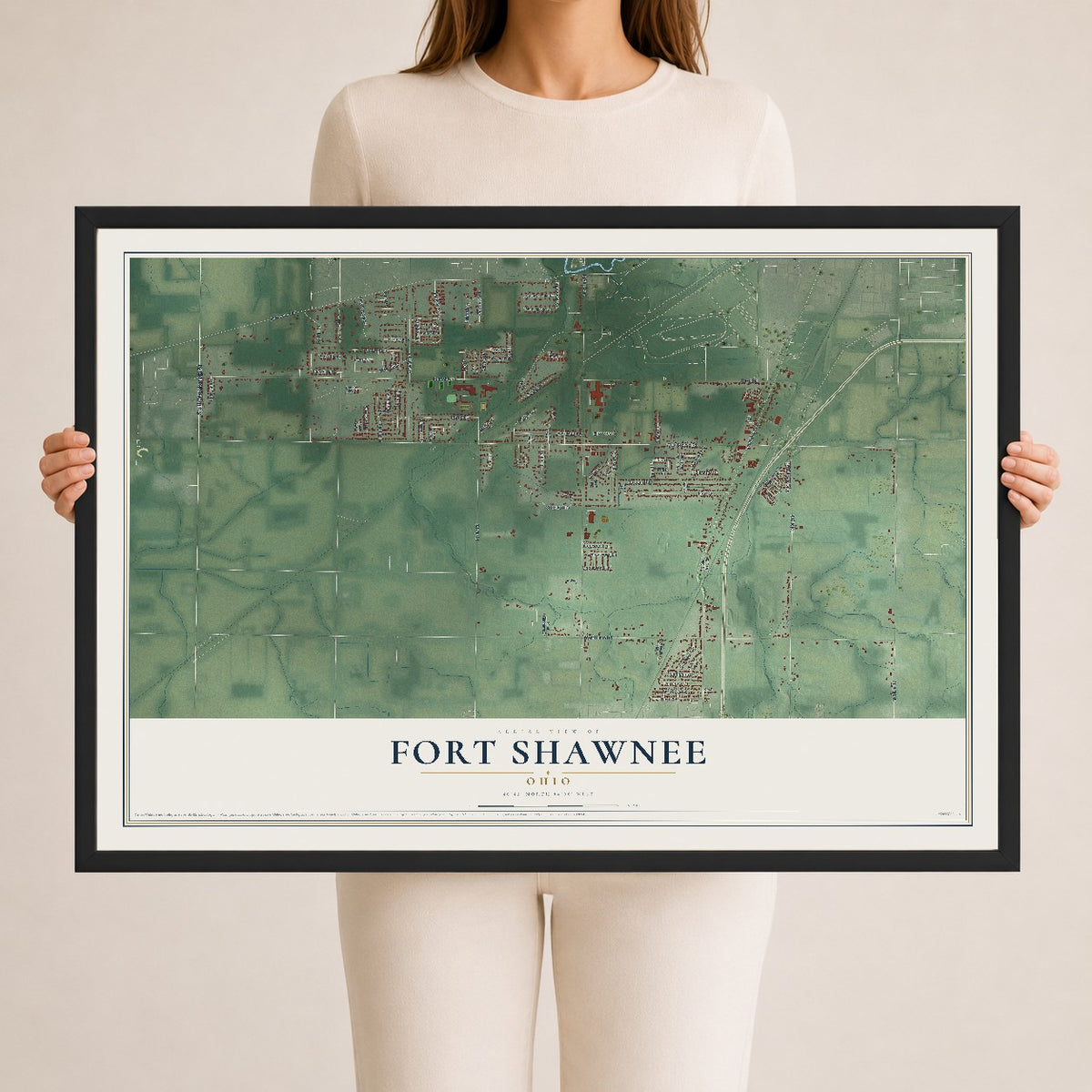 Map of Fort Shawnee, Ohio, 24 x 36 inch print in a black wood frame