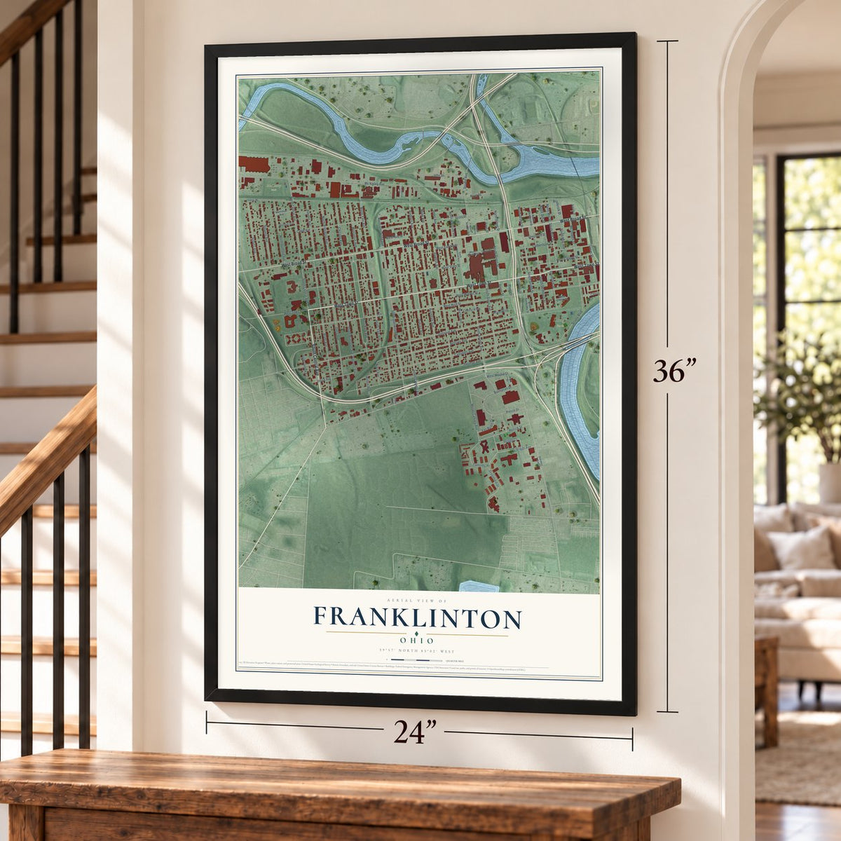 Franklinton, Ohio map, 24 x 36 inch print in a black frame by a staircase