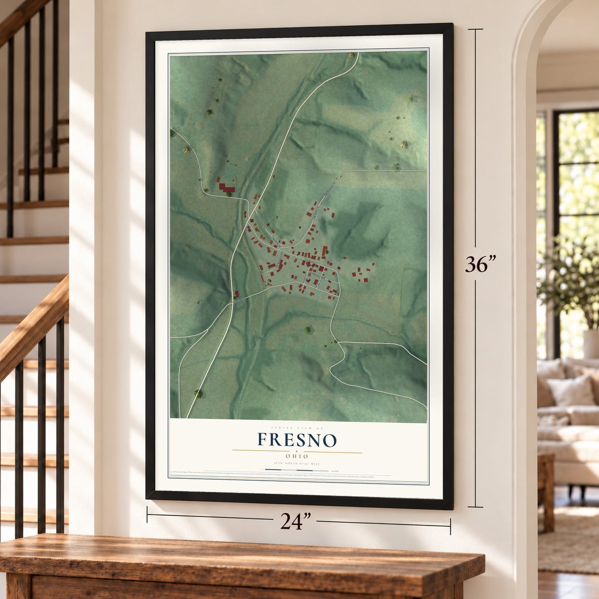 Fresno, Ohio map, 24 x 36 inch print in a black frame by a staircase