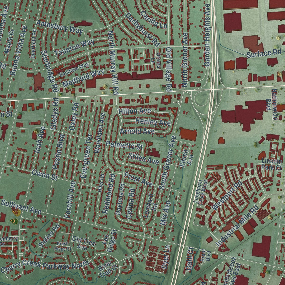 Close-up of the map of Galloway, Ohio print showing street and building detail
