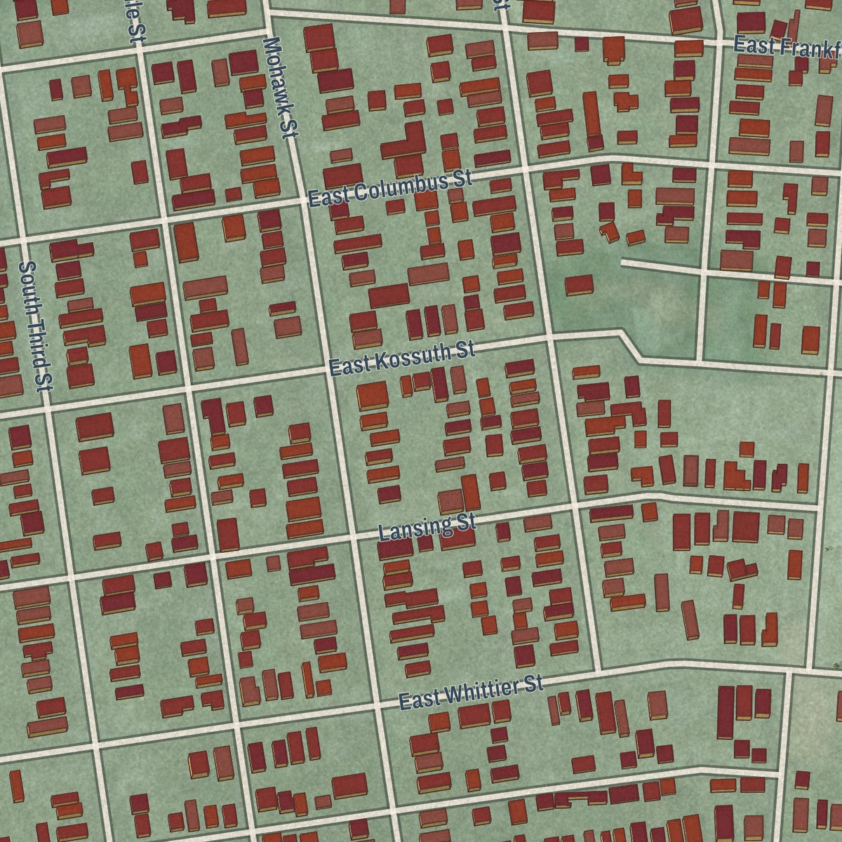 Close-up of the map of German Village, Ohio print showing street and building detail