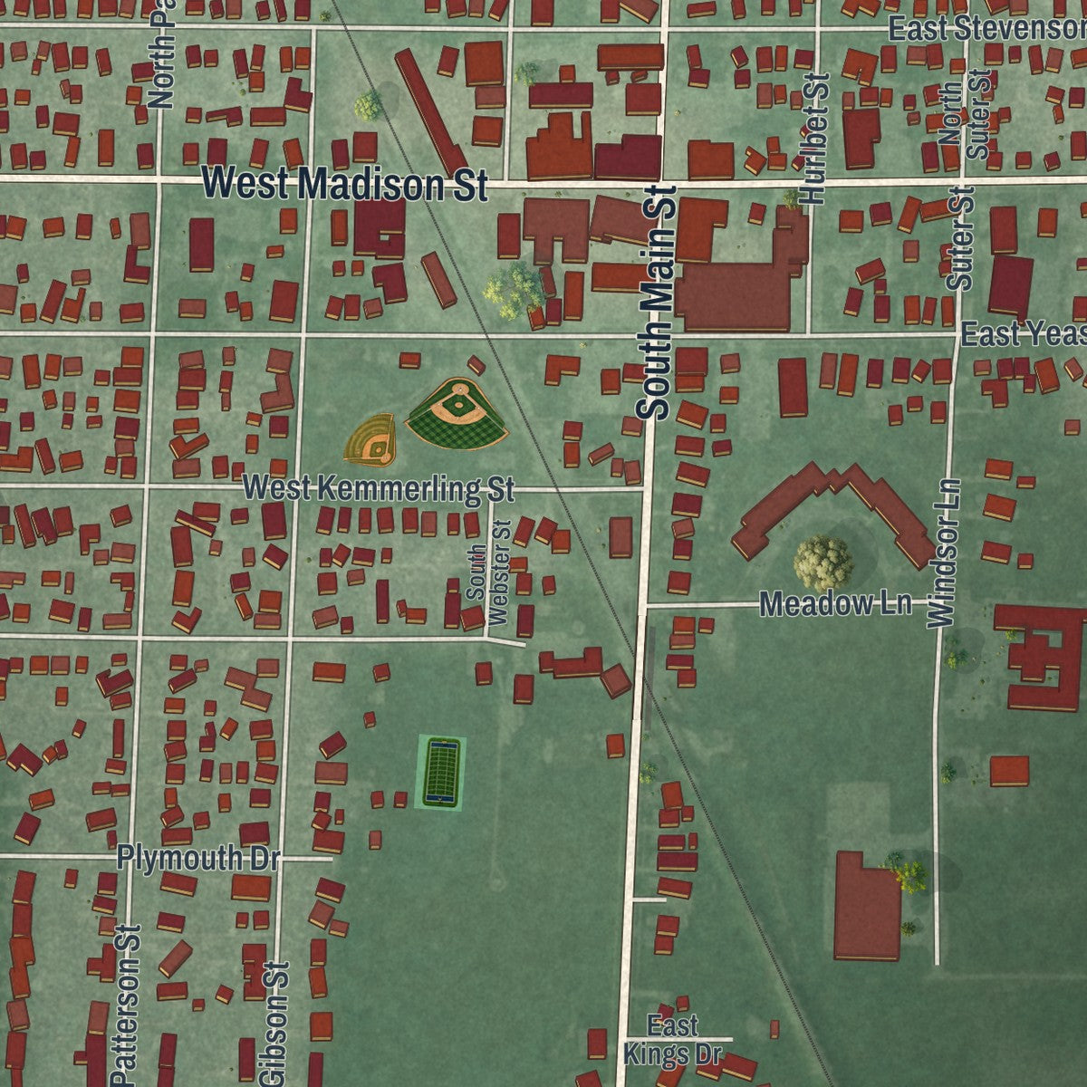 Close-up of the map of Gibsonburg, Ohio print showing street and building detail