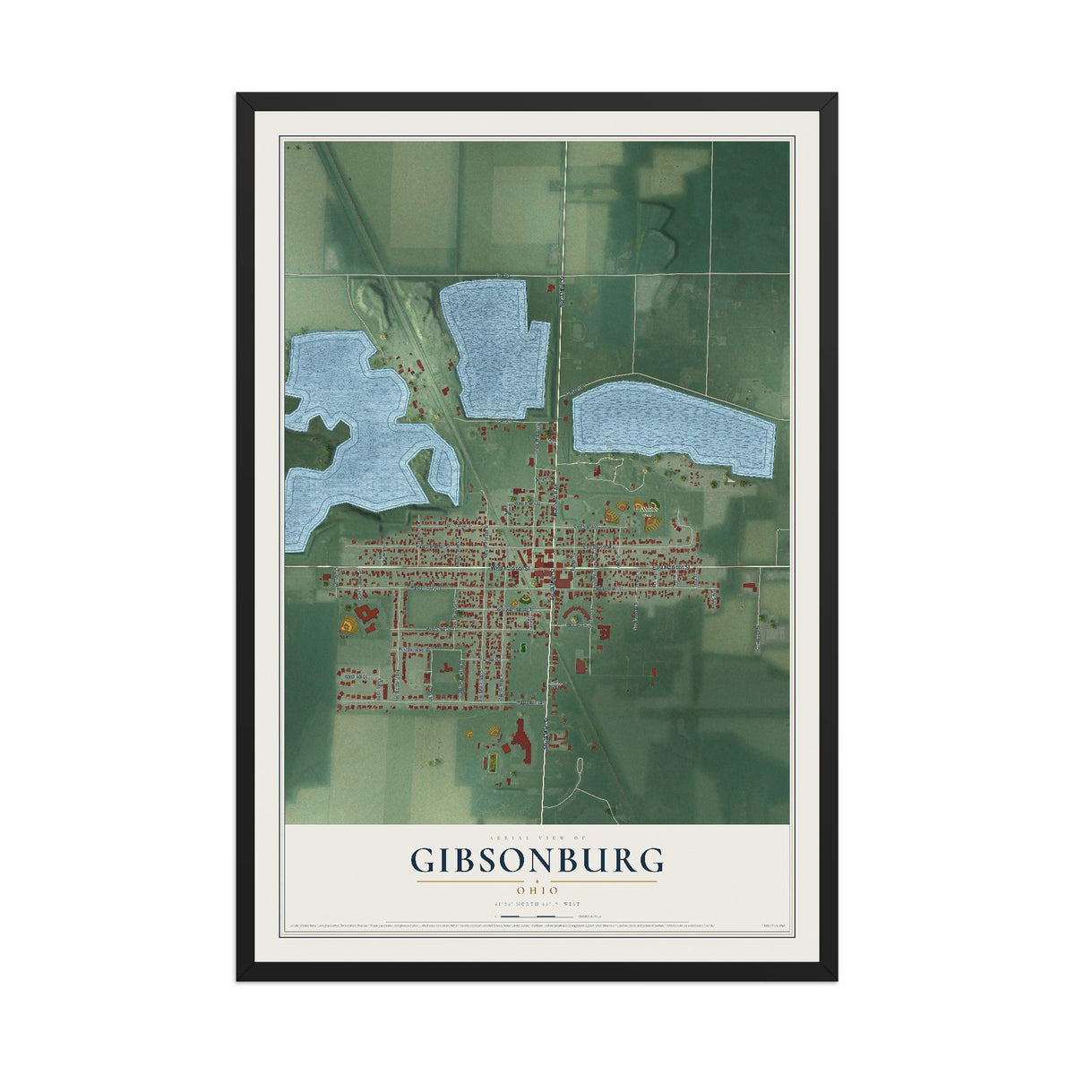 Map of Gibsonburg, Ohio, 12 x 18 inch print in a black wood frame