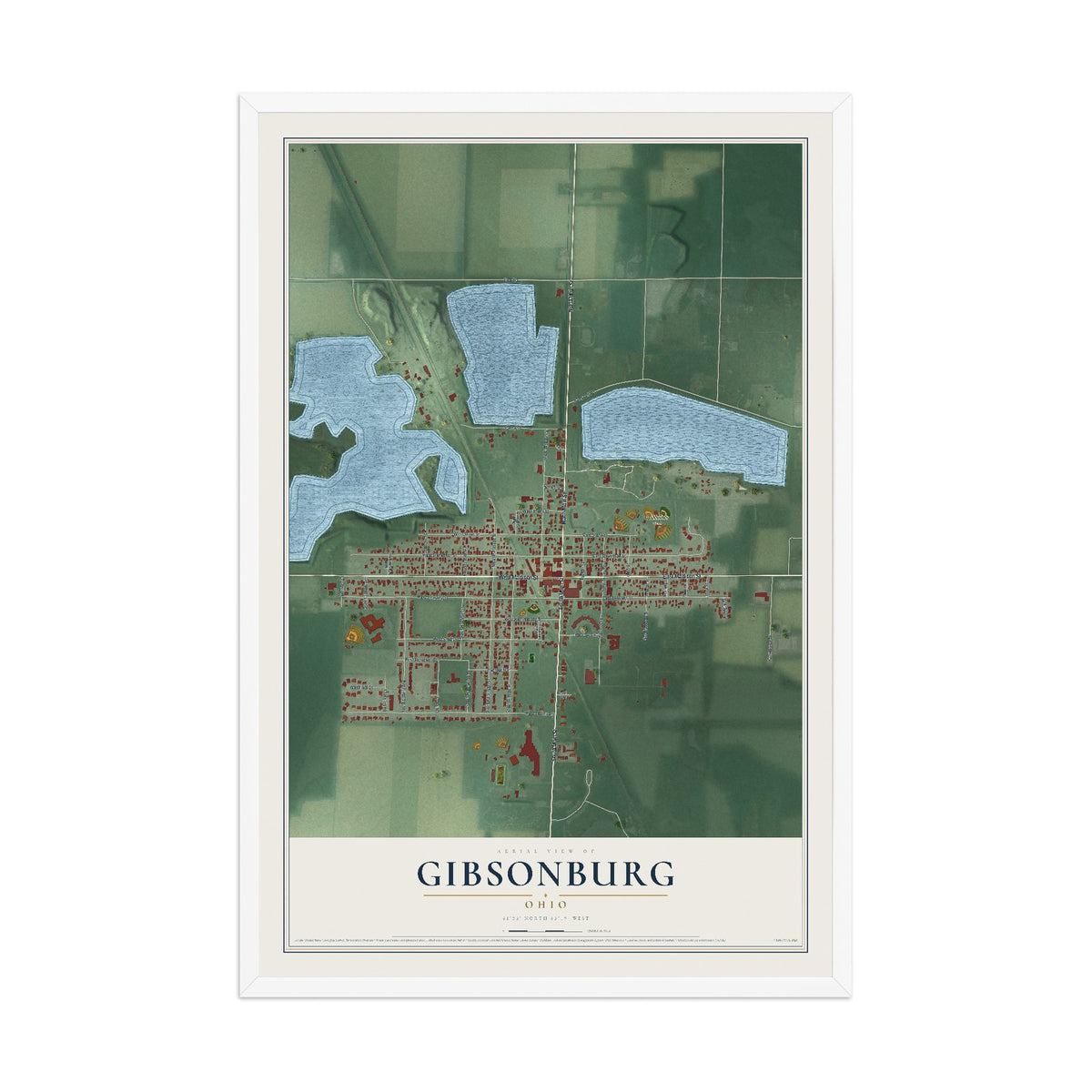 Map of Gibsonburg, Ohio, 12 x 18 inch print in a white wood frame