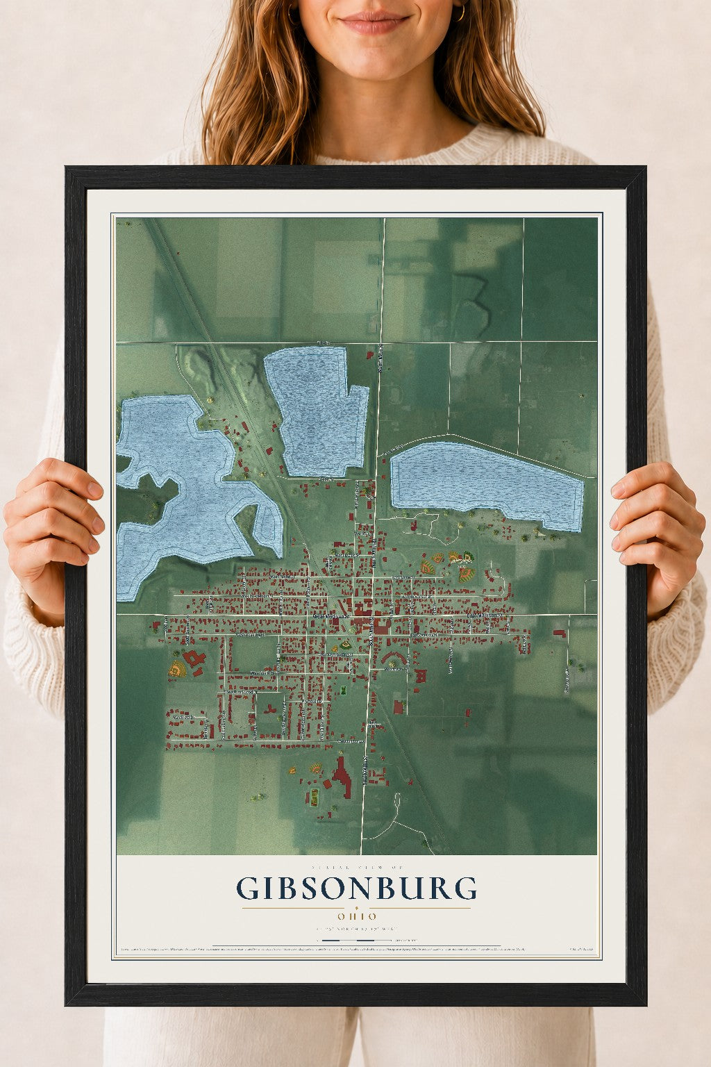 Map of Gibsonburg, Ohio, 18 x 24 inch print in a black wood frame