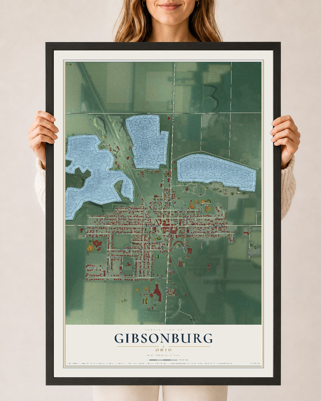 Map of Gibsonburg, Ohio, 24 x 36 inch print in a black wood frame