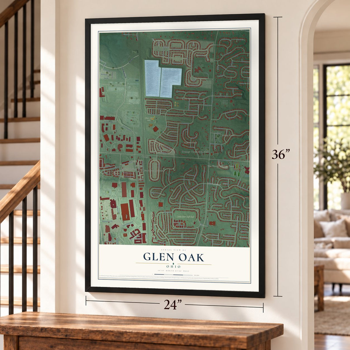 Glen Oak, Ohio map, 24 x 36 inch print in a black frame by a staircase