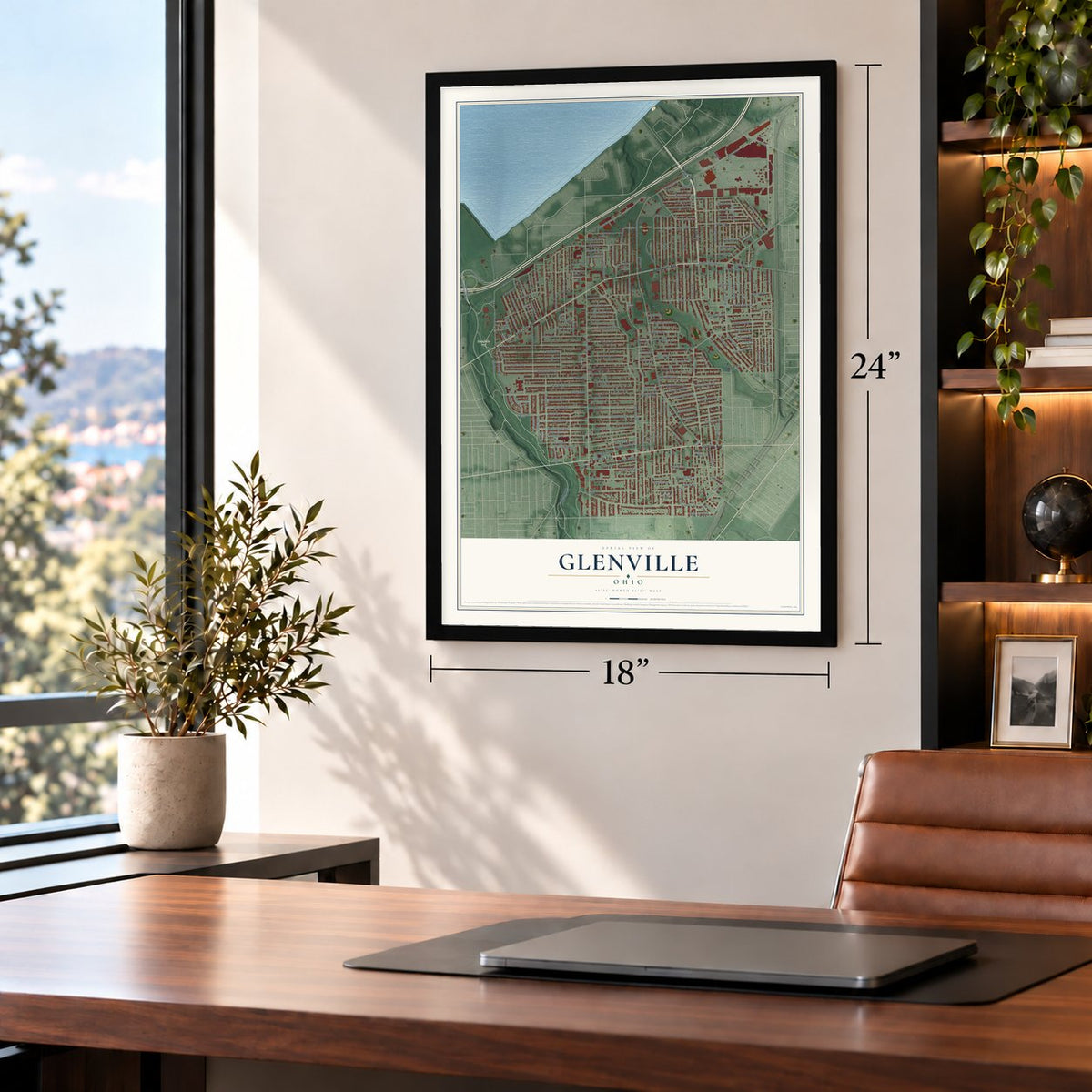 Glenville, Ohio map, 18 x 24 inch print in a black frame in a home office