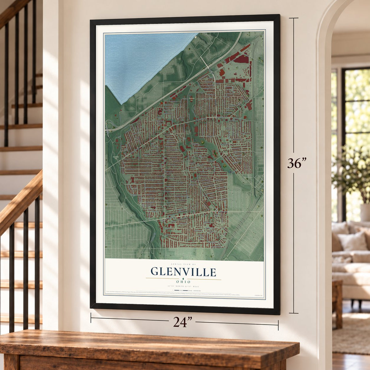 Glenville, Ohio map, 24 x 36 inch print in a black frame by a staircase