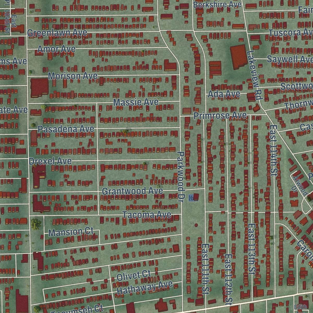 Close-up of the map of Glenville, Ohio print showing street and building detail