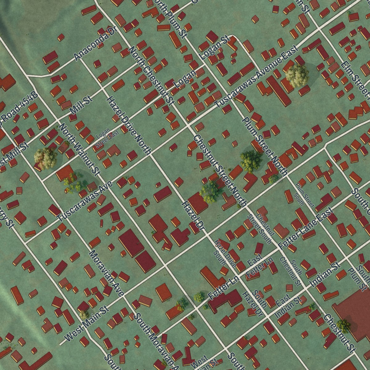 Close-up of the map of Gnadenhutten, Ohio print showing street and building detail