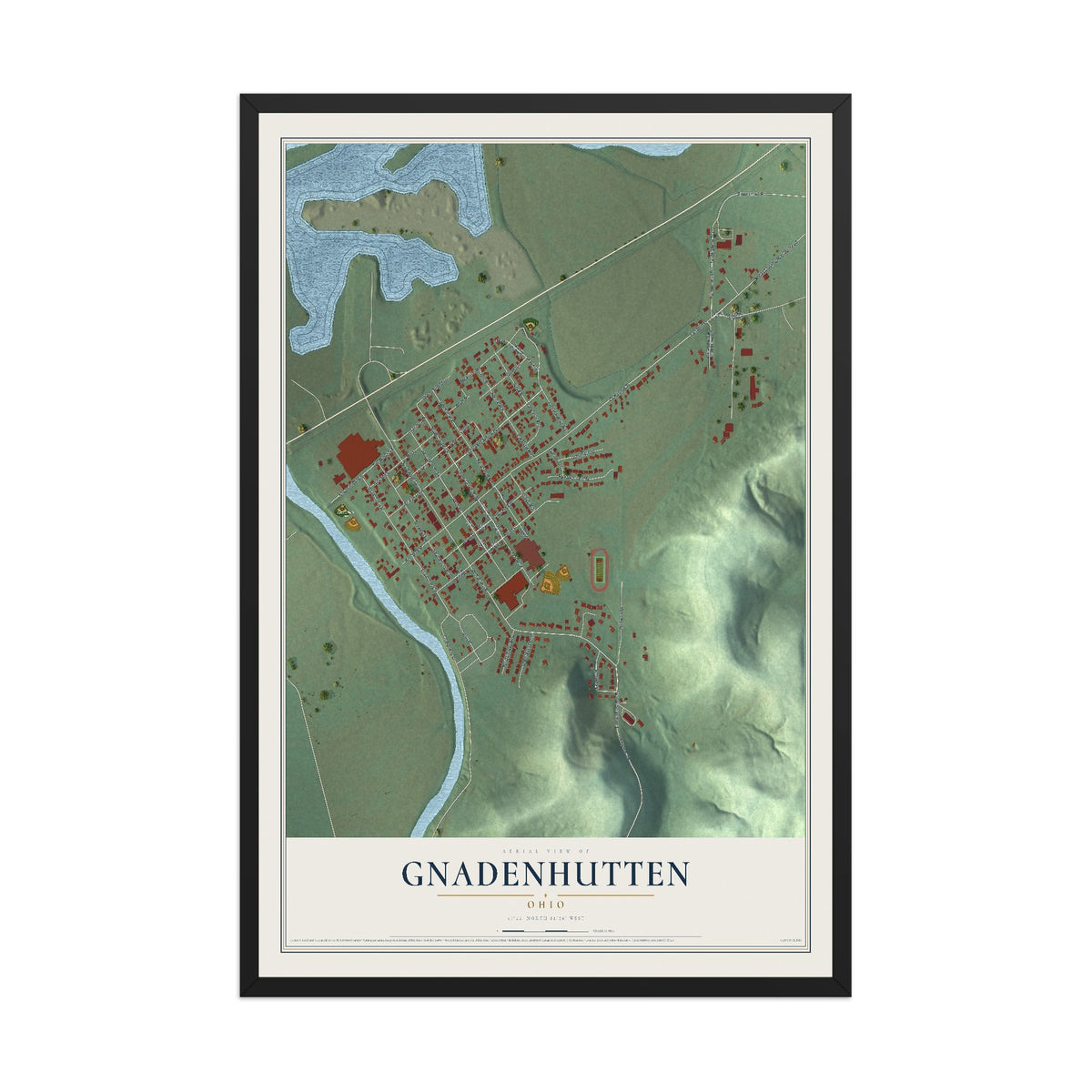 Map of Gnadenhutten, Ohio, 12 x 18 inch print in a black wood frame