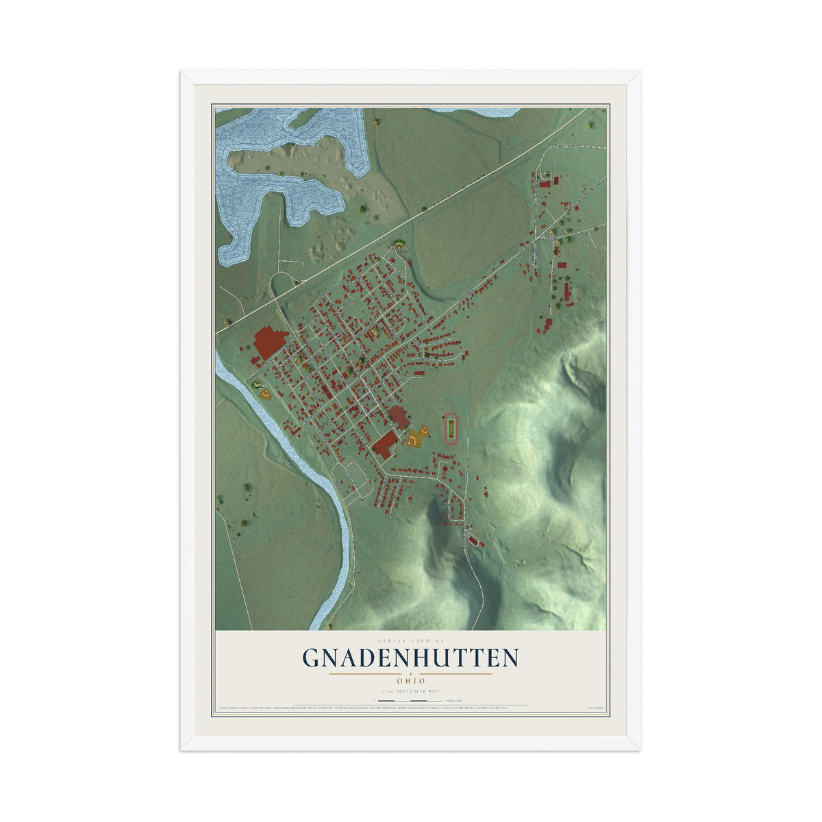 Map of Gnadenhutten, Ohio, 12 x 18 inch print in a white wood frame