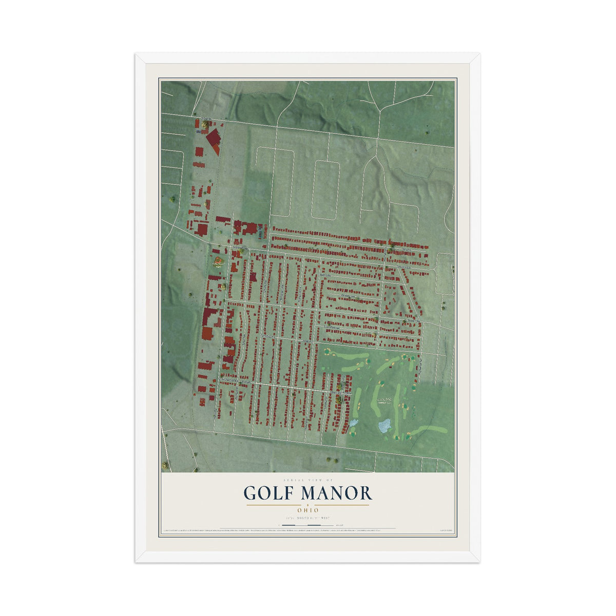 Map of Golf Manor, Ohio, 12 x 18 inch print in a white wood frame