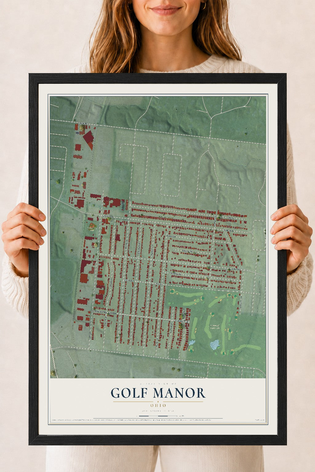 Map of Golf Manor, Ohio, 18 x 24 inch print in a black wood frame