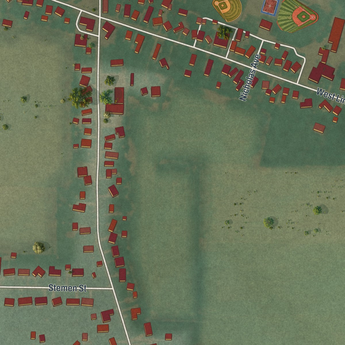 Close-up of the map of Gomer, Ohio print showing street and building detail